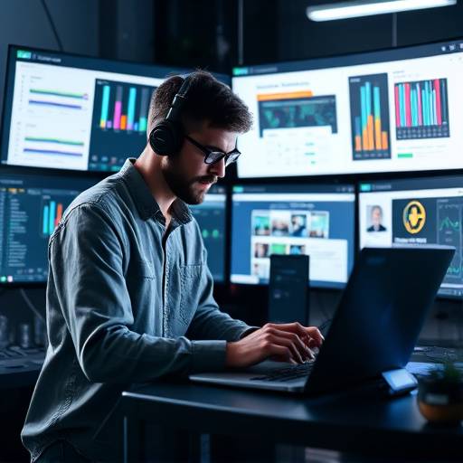 Ein Entwickler arbeitet an einer Webanwendung mit mehreren Bildschirmen, die das Frontend- und Backend-Design zeigen.