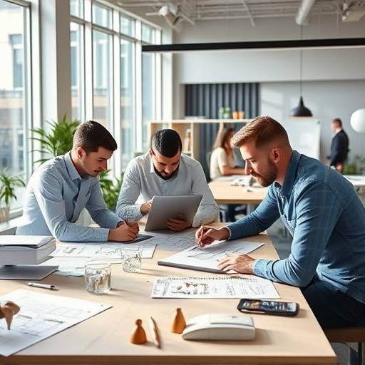 Ein modernes Büro mit Designern, die an einem Projekt zusammenarbeiten, mit Skizzen und Prototypen auf dem Tisch.