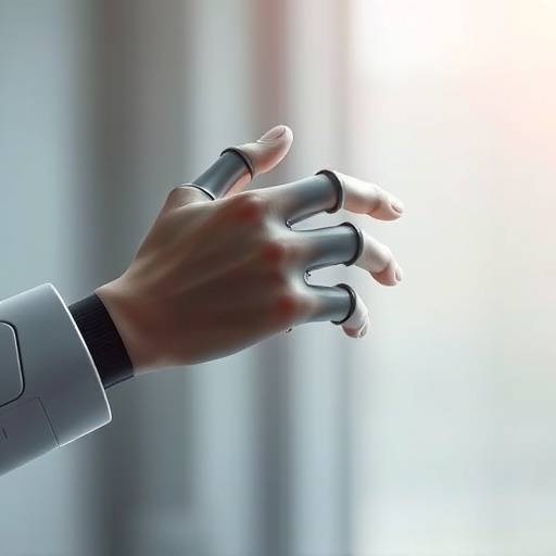 Ein Roboterarm interagiert mit einer menschlichen Hand, was die Zusammenarbeit von Mensch und Maschine in der künstlichen Intelligenz symbolisiert.