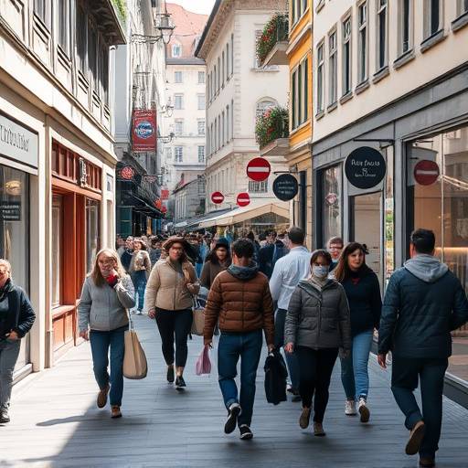 Ein Street-Fotografie-Schnappschuss von Menschen, die durch eine belebte Stadtstraße in Zürich gehen.