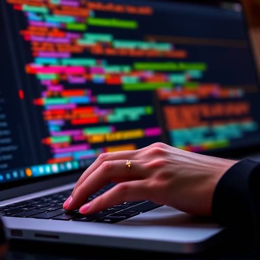 Nahaufnahme einer Person, die Code auf einem Laptop schreibt, mit bunten Syntax-Highlights.